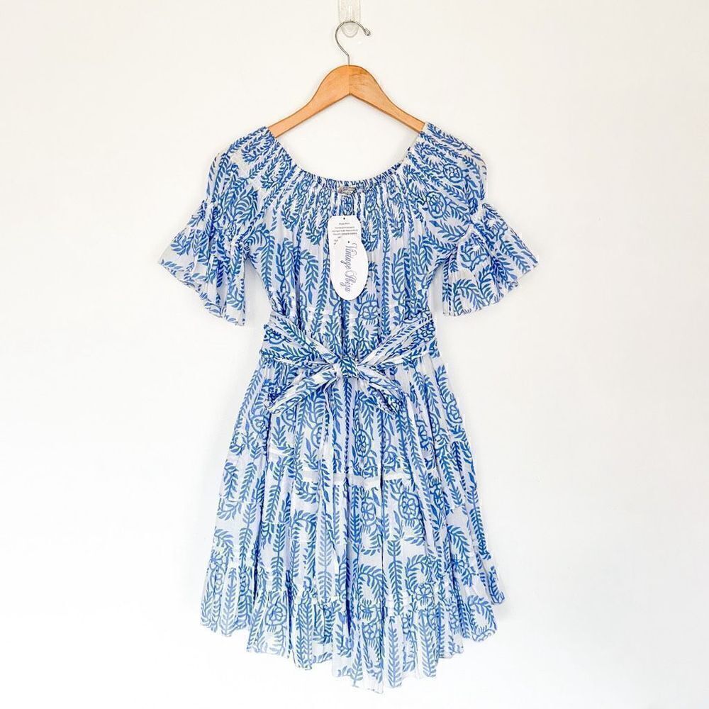Vintage Ibiza Women’s Lightweight Cotton Blue and White Bobbin Off the Shoulder